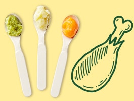 Three spoons with baby food beside a green illustrated chicken leg.