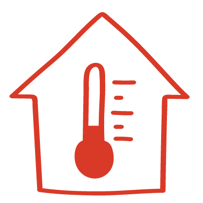 A red outline of a house with a thermostat in the center