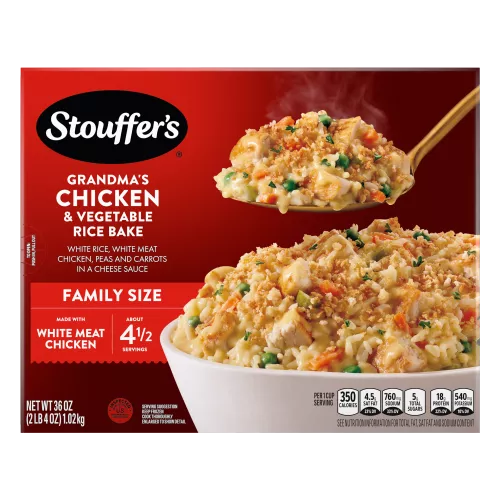 Box of Grandma's Chicken & Vegetable Rice Bake with a plate and dish of rice and chicken below a product name and logo.