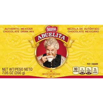 A yellow box with the Abuelita logo, red designs and the words "HECHO EN MÉXICO."