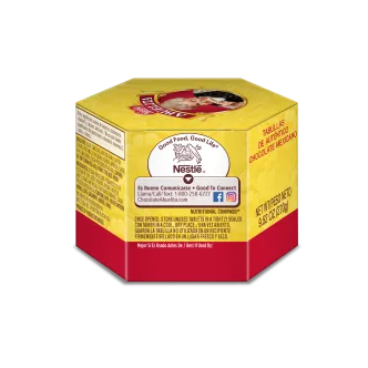A yellow hexagonal box with the Abuelita logo, red designs and the words "HECHO EN MÉXICO."