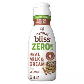 Front Center view of NESTLE COFFEE MATE Liquid NATURAL BLISS Sugar Free Cinnamon Coffee Cake 32floz Bottle product.