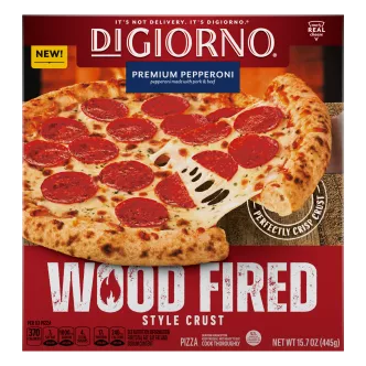 Front Center view of DIGIORNO Frozen Wood Fired Pizza Premium Pepperoni 15.7oz Box NET WT 15.7 oz (445g) product.