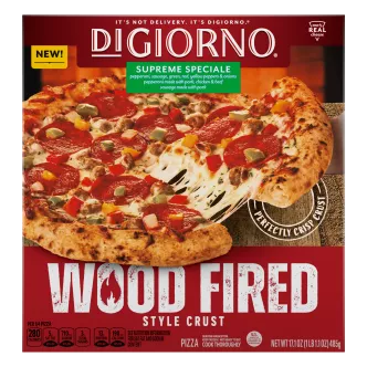 Front Center view of DIGIORNO Frozen Wood Fired Pizza Supreme 17.1oz Box NET WT 17.1 oz (1 lb. 1.1 oz) 485g product.
