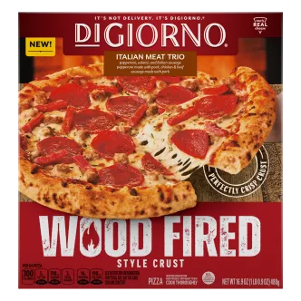 Front Center view of DIGIORNO Frozen Wood Fired Pizza Italian Meat Trio 16.9oz Box NET WT 16.9 oz (1 lb. 0.9oz) 480g product.