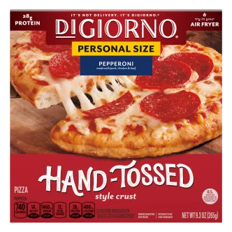 Box of Small Sized Hand-Tossed Style Crust Pepperoni Pizza with the Traditional Crust logo near a whole pepperoni pizza.