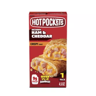 Front Center view of Hot Pockets Ham and Cheddar Crispy Crust 1PK Frozen Sandwich 4.5oz NET WT 4.5 oz (127g) product.
