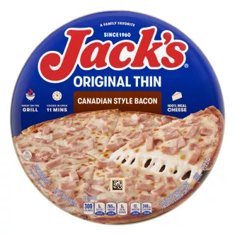 A package of Canadian style bacon pizza with a brown label, a pizza and spatula, and the Jack's logo on a blue background.