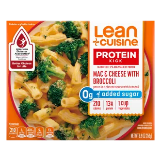 Front Center view of Lean Cuisine Macaroni and Cheese with Broccoli Frozen Entrée 8.9oz Box NET WT 8.9 OZ (253g) product.