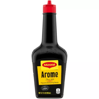 Front view of packaging for MAGGI Arôme Seasoning 800ml with a bright yellow label that reads Arôme.