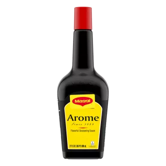 Front view of packaging for MAGGI Arôme Seasoning 800ml with a bright yellow label that reads Arôme.