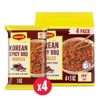 Front Center view of Maggi Korean Spicy BBQ Noodles 4 pack product.