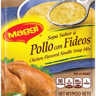 Package of Chicken Noodle Soup mix with a spoon and bowl of noodle soup above a whole roasted chicken.