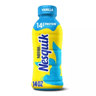 A yellow bottle with a light blue cap and a light blue silhouette of the Nesquik bunny’s head.