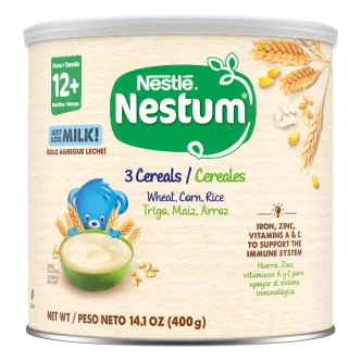 Front Center view of Nestum 3 Cereals 14.1 oz Canister NET WT/PESO NETO 14.1 OZ (400g) product.