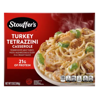 Box of Turkey Tetrazzini with a plate of turkey, mushrooms and pasta below the product name and STOUFFER'S logo.