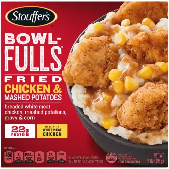 Box of Fried Chicken & Mashed Potatoes Bowl-FULLS with a bowl of potatoes and chicken beside the product name and logo.