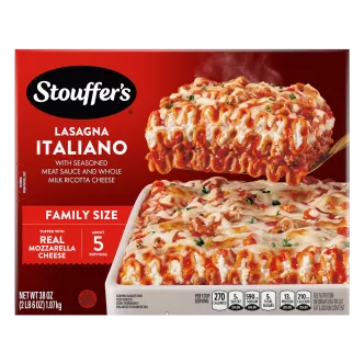 Box of Lasagna Italiano with a plate and dish full of lasagna below the product name and "Traditional Italian Recipes" label.