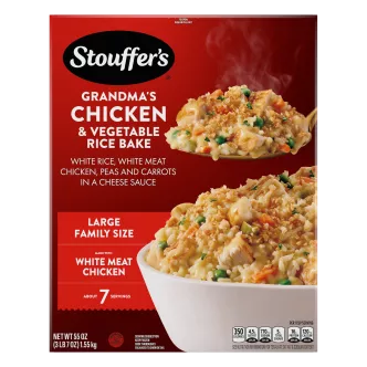 Box of Grandma's Chicken & Vegetable Rice Bake with a plate and dish full of rice and chicken below the product name.