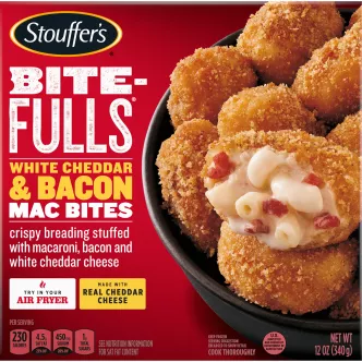 Box of Bacon & White Cheddar Mac Bites with a plate of bites stacked below the product name and STOUFFER'S logo.