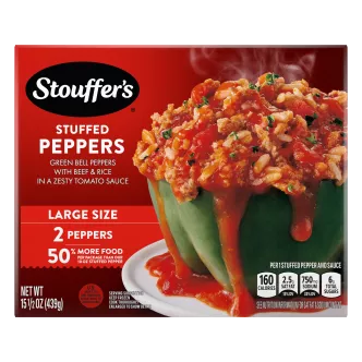 Box of Stuffed Pepper featuring a plate with green peppers and beef below the product name and "LARGE SIZE" label.