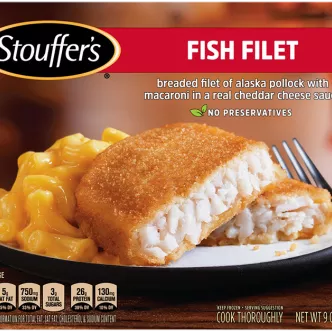 Box of Fish Filet with a plate of breaded fish and macaroni below the product name and STOUFFER'S logo.