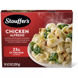 Box of Chicken Alfredo with a plate of pasta, chicken and broccoli below the product name and STOUFFER'S logo.
