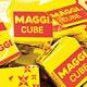 Close up circle cropped photograph of a pile of vintage MAGGI bouillon cube boxes.